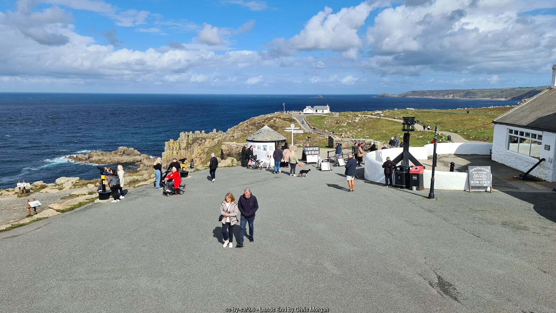 Land's End Cornwall clifftop visitor area with the First and Last House and Atlantic view - Cornwall family day out
