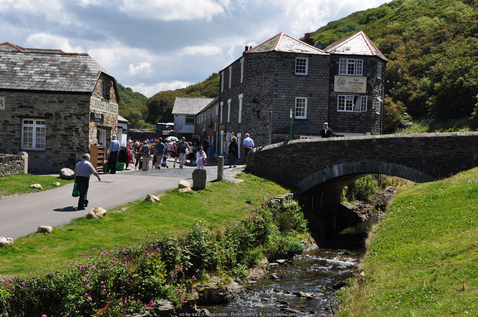 The bridge over the River Valency in Boscastle, with the shops and Penally Hill beyond