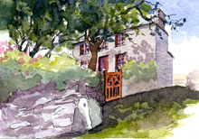 Watercolour painting of the farmhouse and garden at Trelew Farm