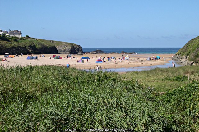 Rock pools exposed at low tide at the northern end of Porthcothan Bay, Cornwall