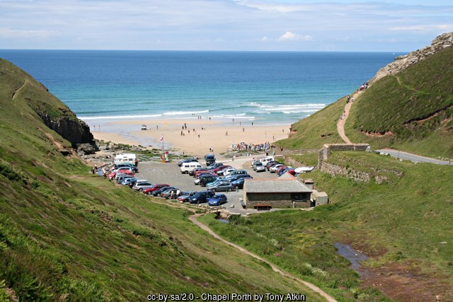Chapel Porth Beach and National Trust pay-and-display car park on the Cornwall coast