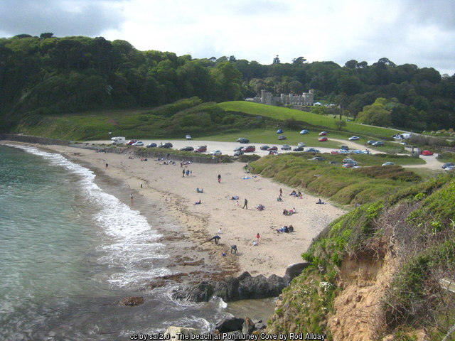 The beach at Porthluney Cove - with Caerhays Castle, Cornwall