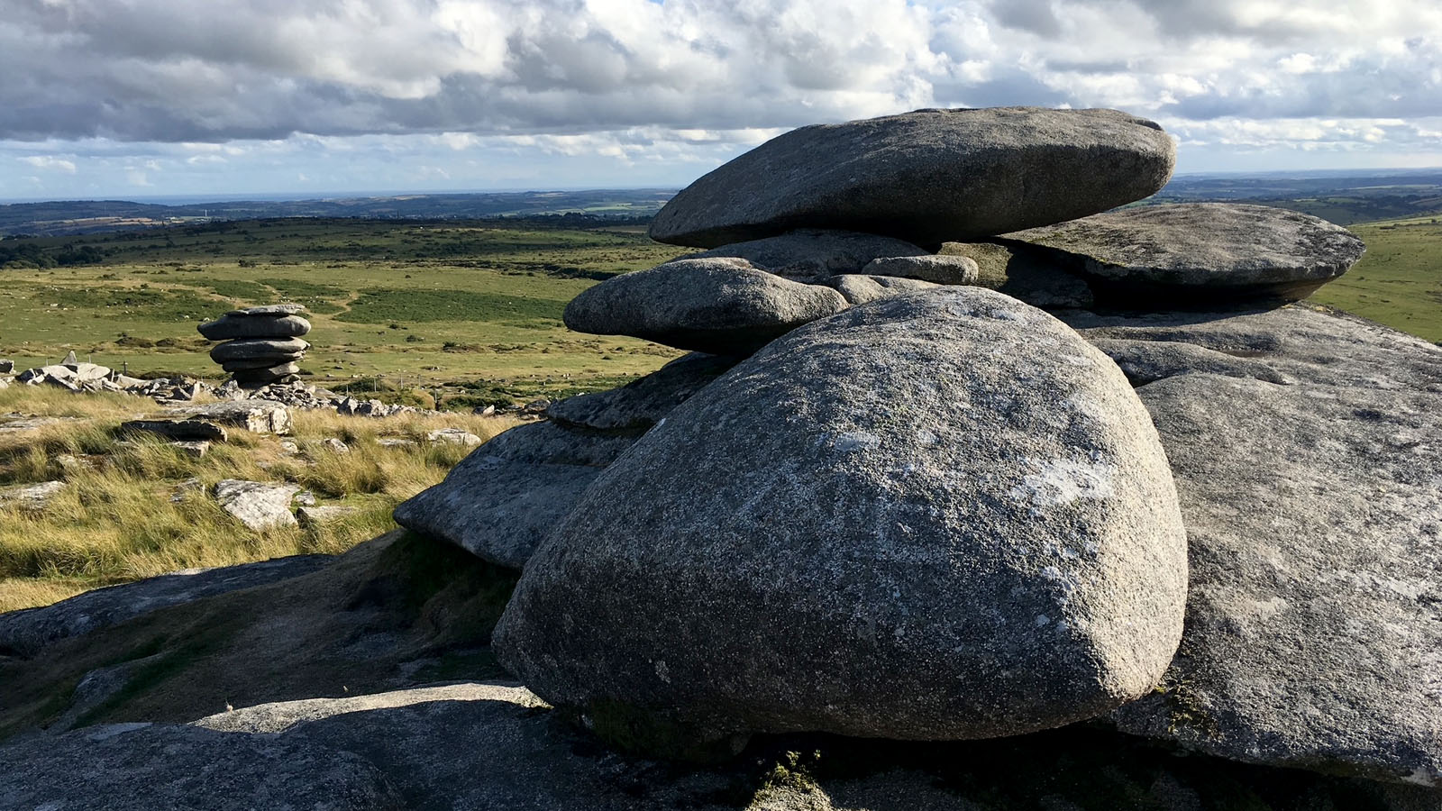 Granite outcrops on Bodmin Moor near Stowe&rsquo;s Pound, looking south towards the sea at Looe