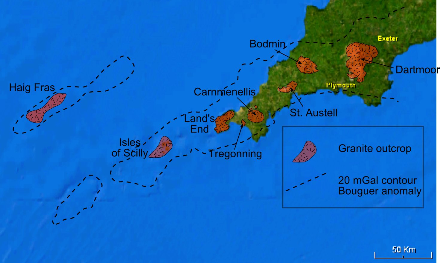 Map showing the extent of the Cornubian Batholith and associated gravity anomaly in south-west England
