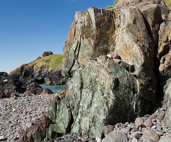 Rocky cliffs and boulders at Kynance Cove on The Lizard