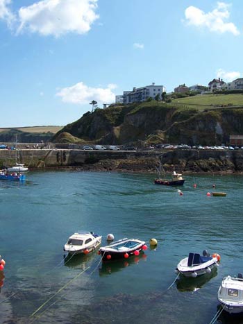 Small boats moored in the outer harbour at Mevagissey