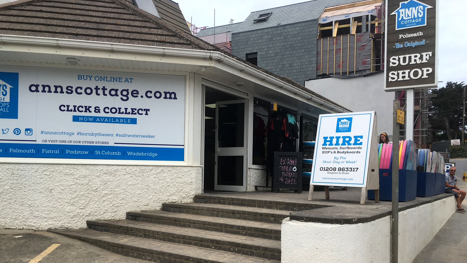 Ann's Cottage surf hire and sales shop at Polzeath beach