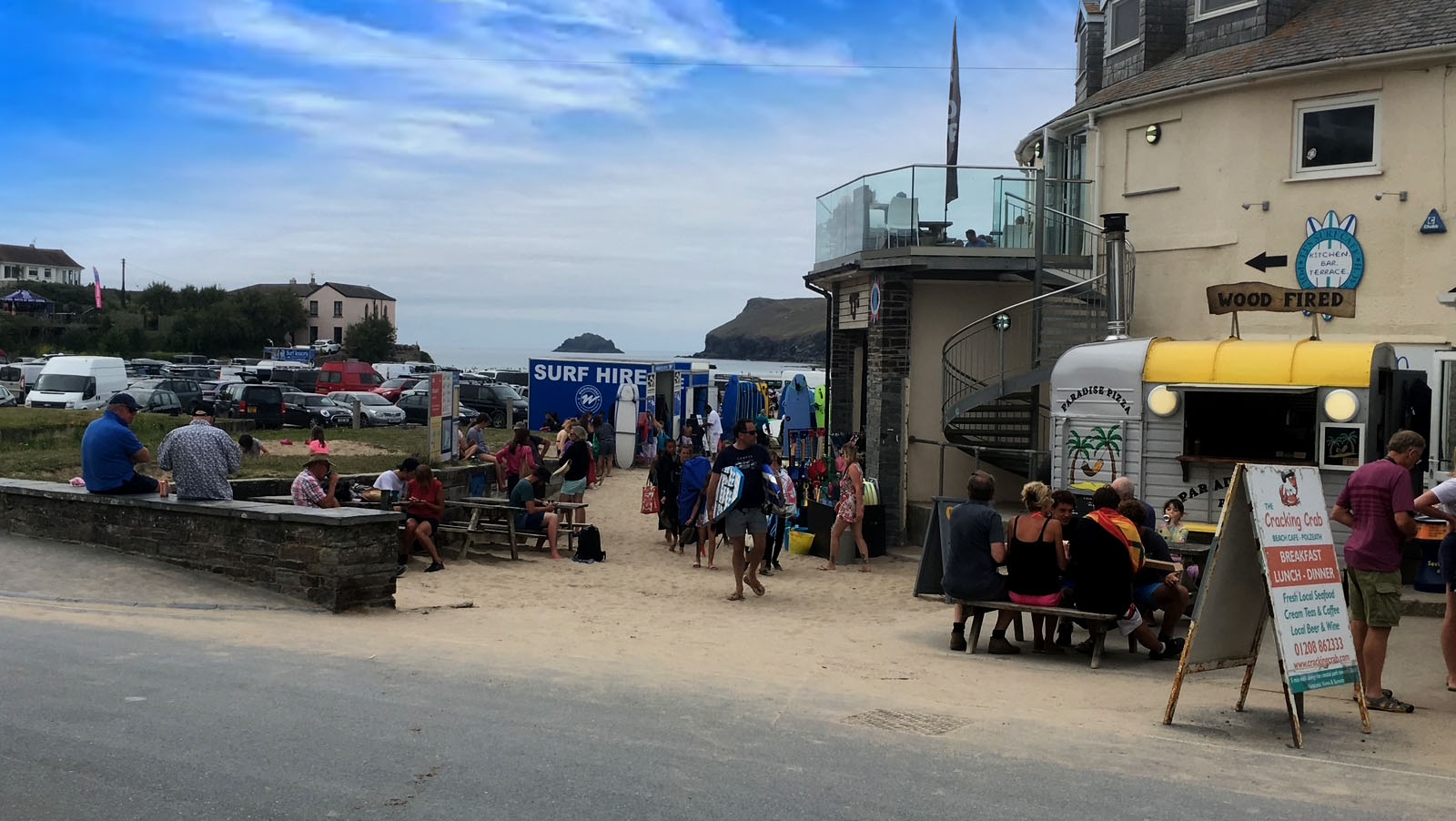 The busy pedestrian entrance to Polzeath beach