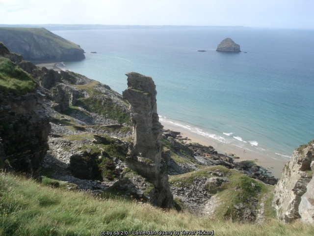 The slate pinnacle left standing in Lanterdan Quarry, between Trebarwith Strand and Tintagel